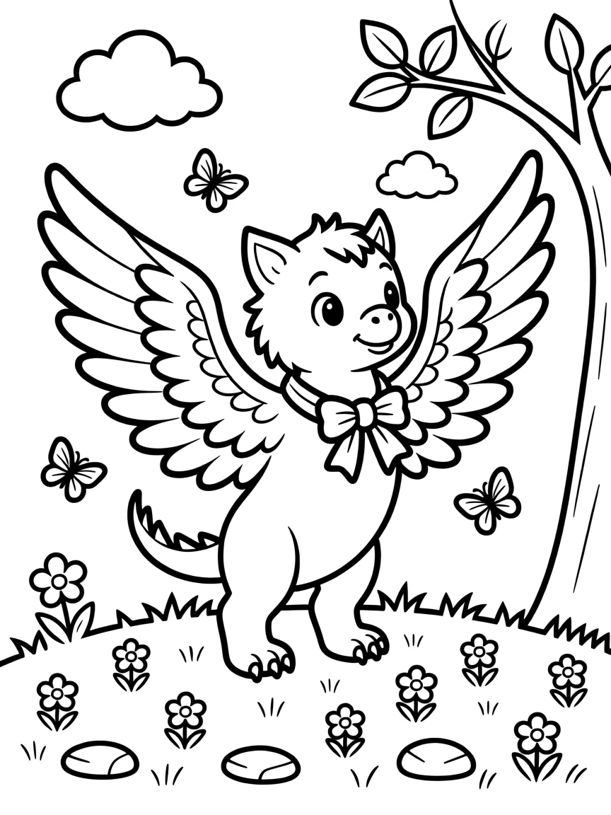 A baby griffin stretching its wings for the first time
