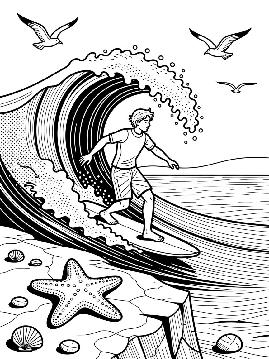 A surfer riding the curl of a massive wave, with a starfish resting on a nearby ledge.