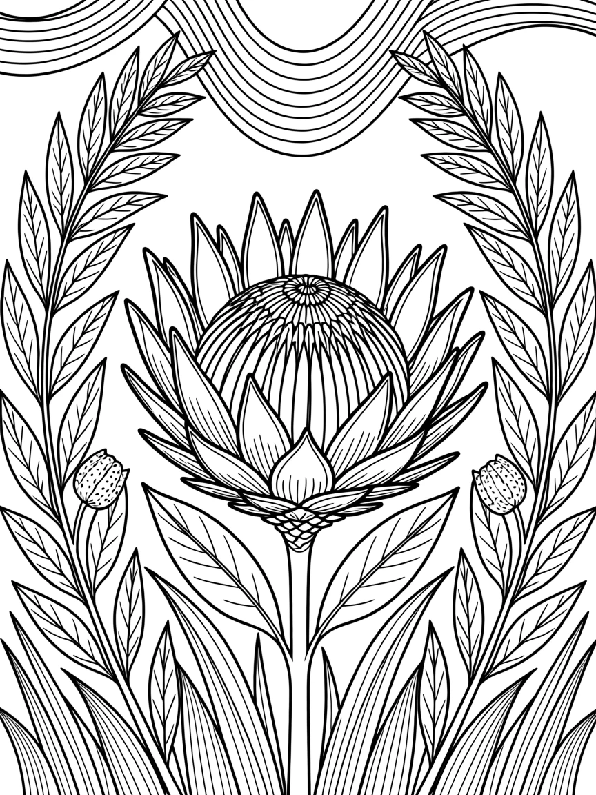 A single blooming protea framed by native grasses and eucalyptus leaves.