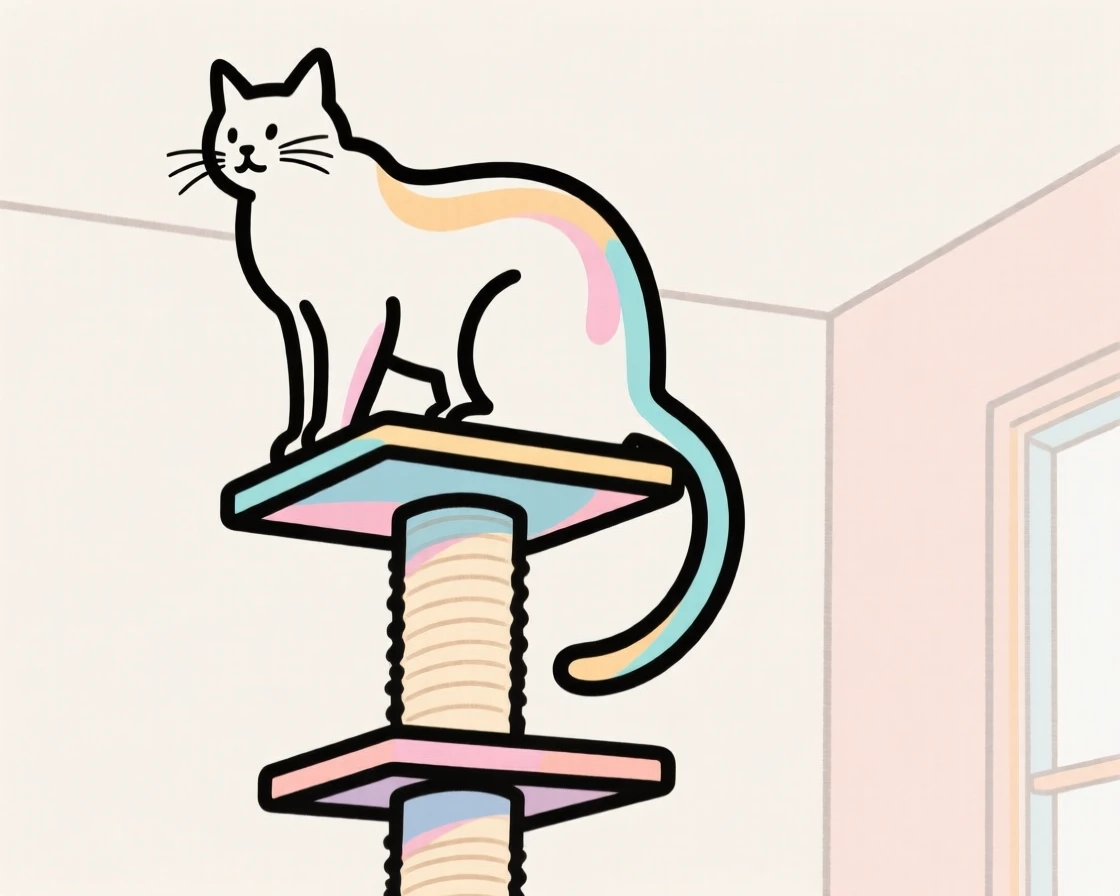 A cat perched high on top of a cat tree, surveying the room.