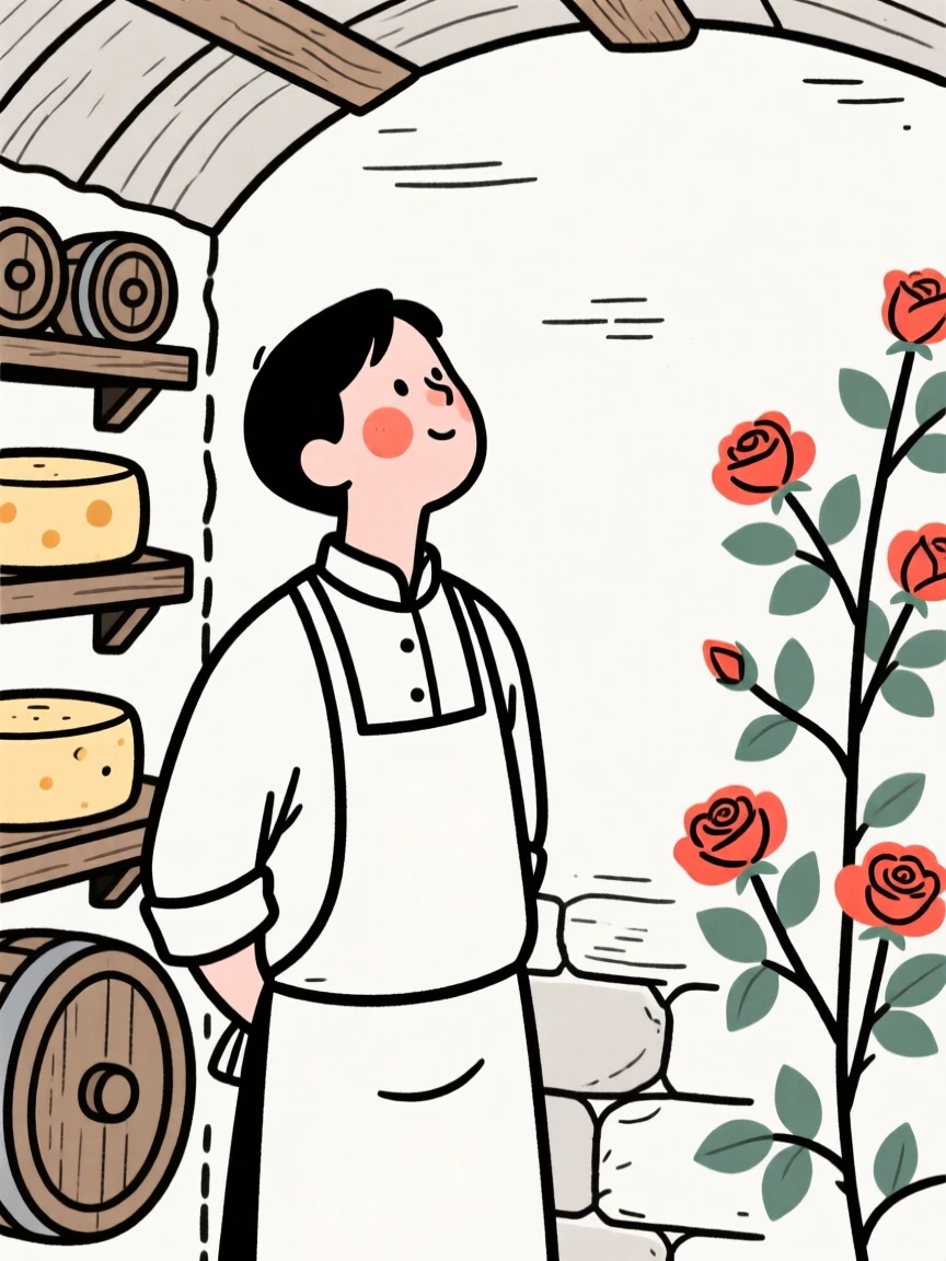 A cheesemaker of norwegian heritage in a rustic cellar, looking hopeful toward the horizon, beside a blooming rose trellis.