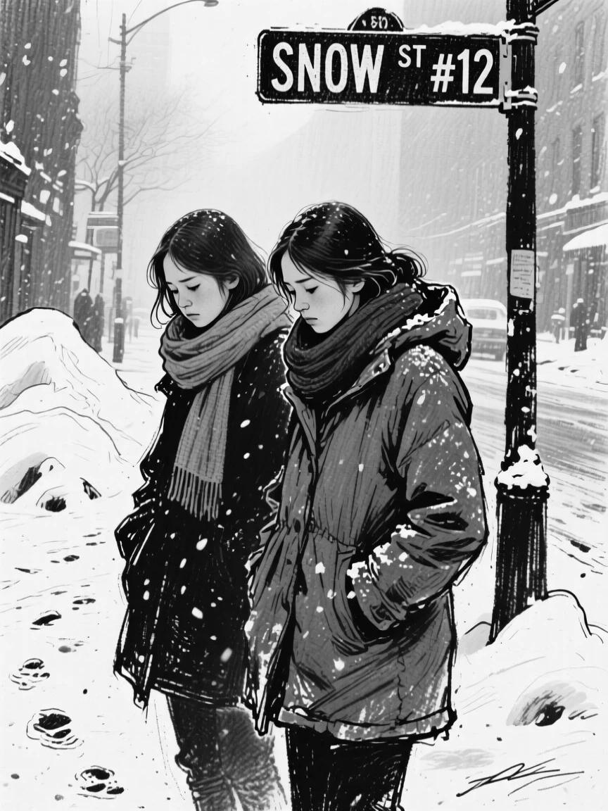 Twin sisters working intently with focused concentration, on a snowy street.