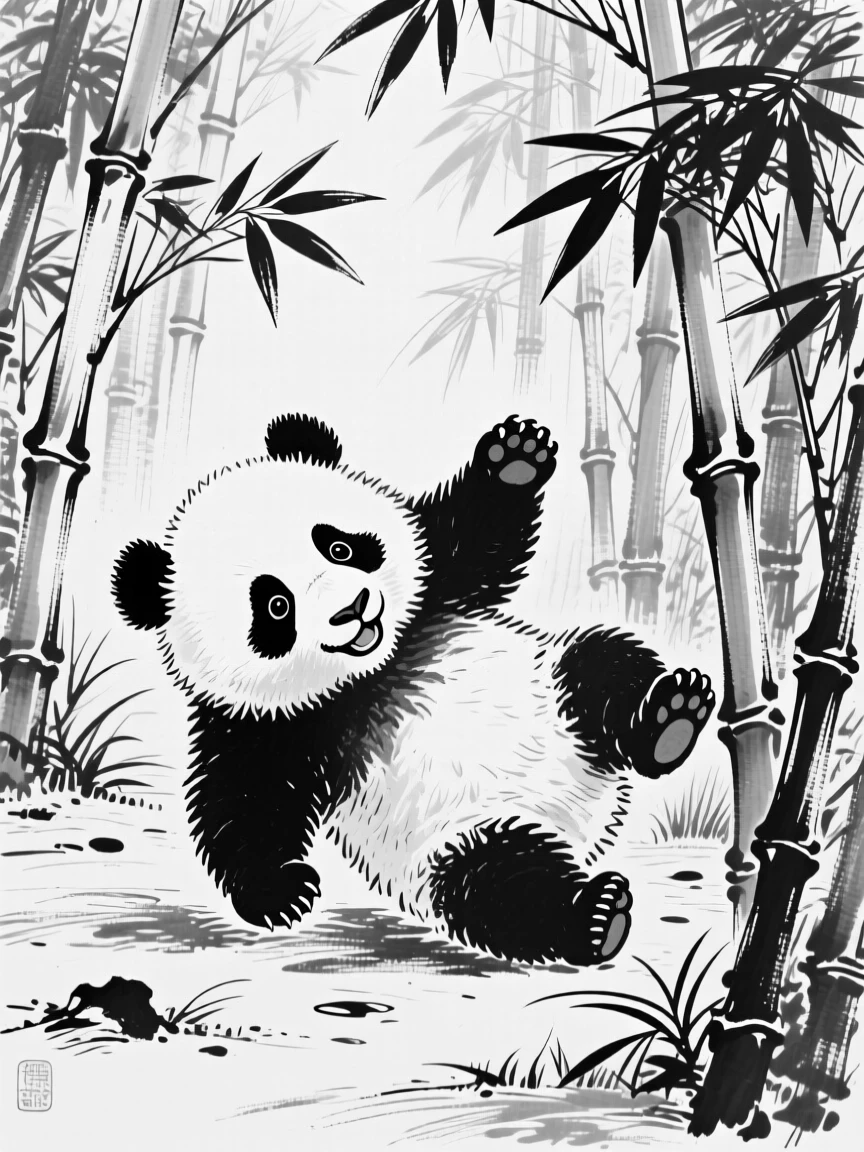 A panda cub tumbling playfully in a bamboo grove.