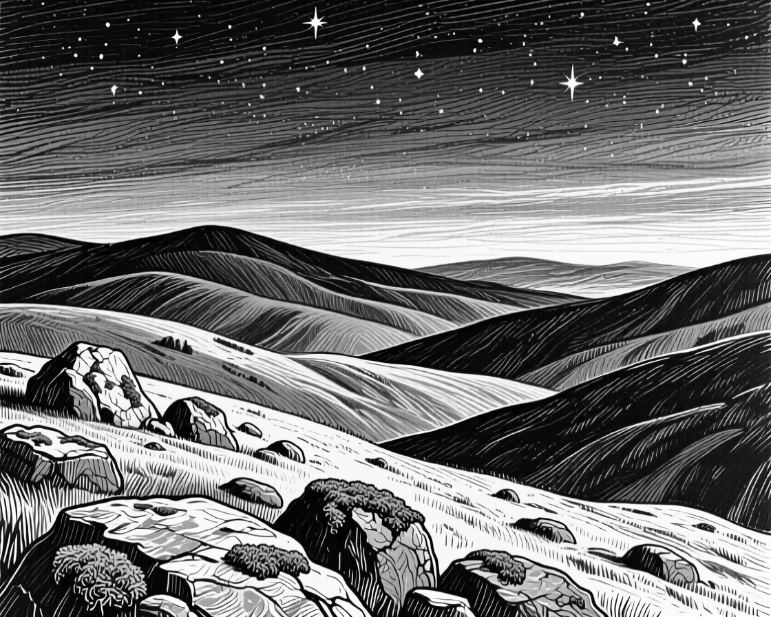 A chain of rolling hills beneath a canopy of stars beginning to appear, with patches of moss clinging to weathered rock, evoking a timeless and grounding atmosphere in a wide, balanced composition.