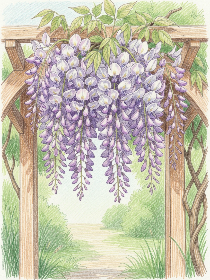 A cluster of wisteria blossoms cascading over a garden arch, with delicate petals catching gentle morning light, designed to feel fresh, romantic, and giftable.