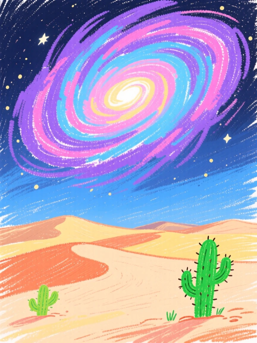 A swirling nebula glowing above a quiet desert horizon.