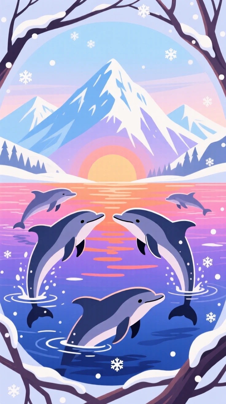 A dolphin pod swimming beneath a glowing sunset surface, framed by a snowy mountain landscape under a pale sky, placed within a circular vignette of natural framing, with a sense of playful curiosity captured perfectly.