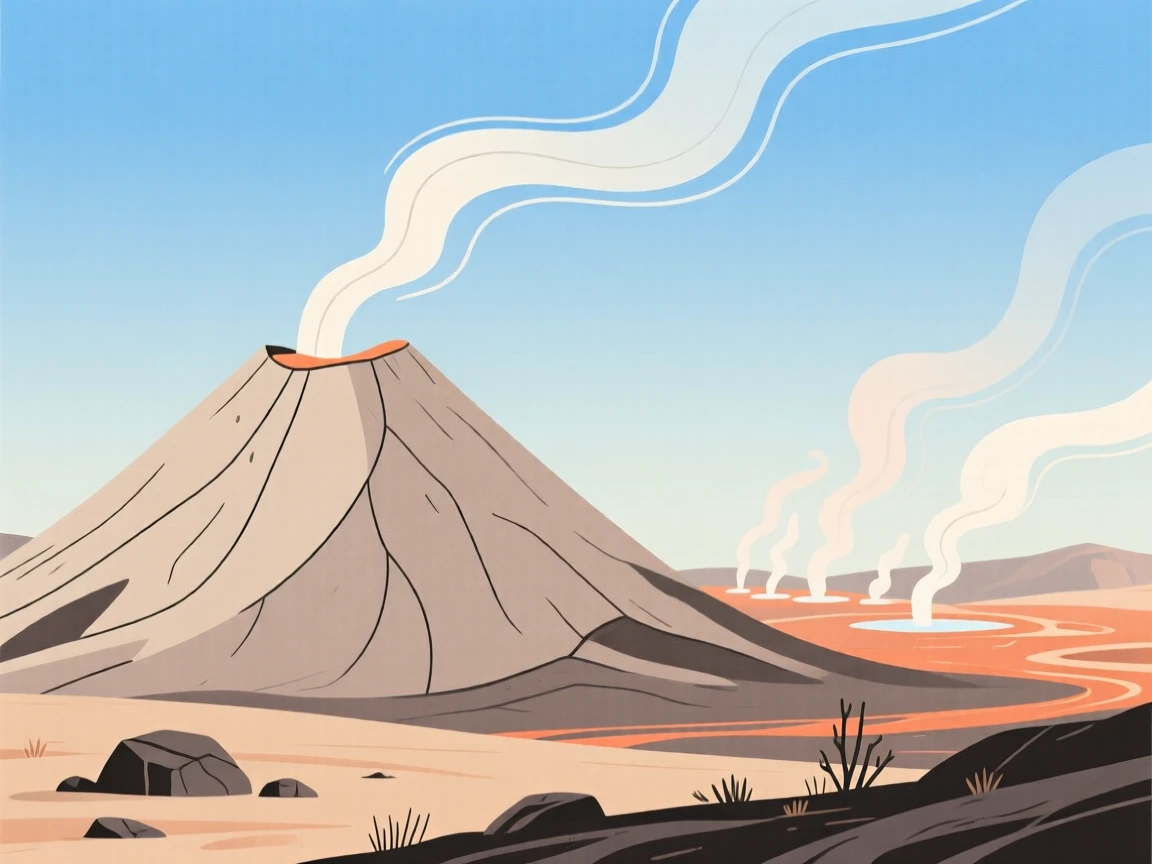A volcanic landscape with steam rising gently from distant hot springs.