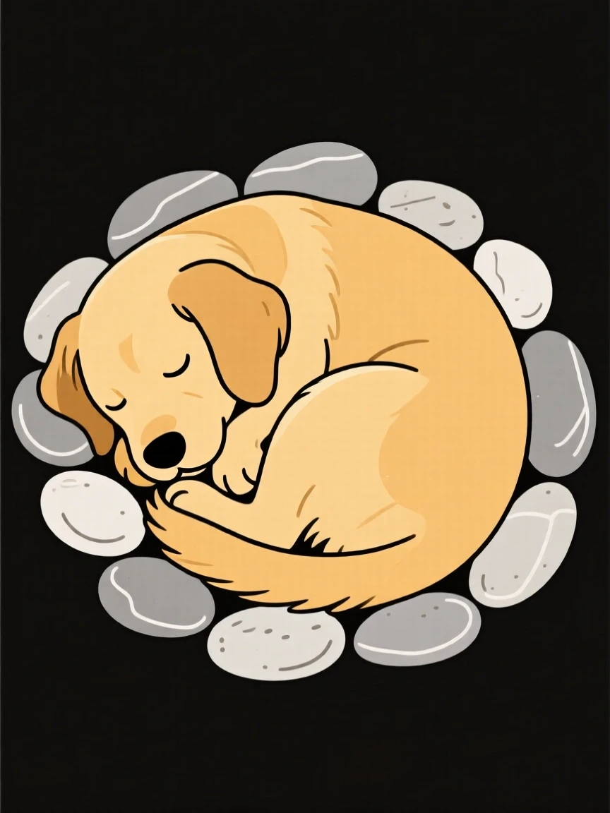 A close-up view of a golden retriever curled up asleep, surrounded by a cluster of pebbles, full of gentle curiosity.