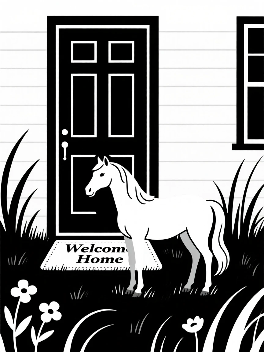 A pony in a meadow greeting its owner at the front door.