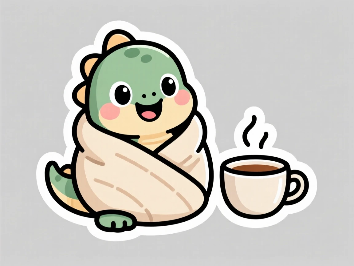 A playful baby dinosaur hatchling wrapped in a cozy blanket burrito, next to a steaming cup of tea.