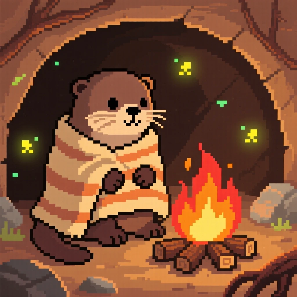 A young otter wrapped in a blanket by a campfire, inside a cozy burrow lit by fireflies.
