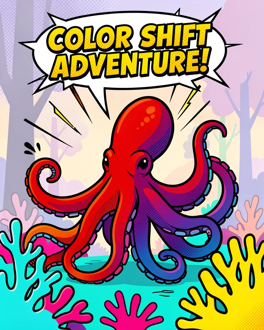 An octopus changing colors on a coral reef exploring a quiet forest at dawn