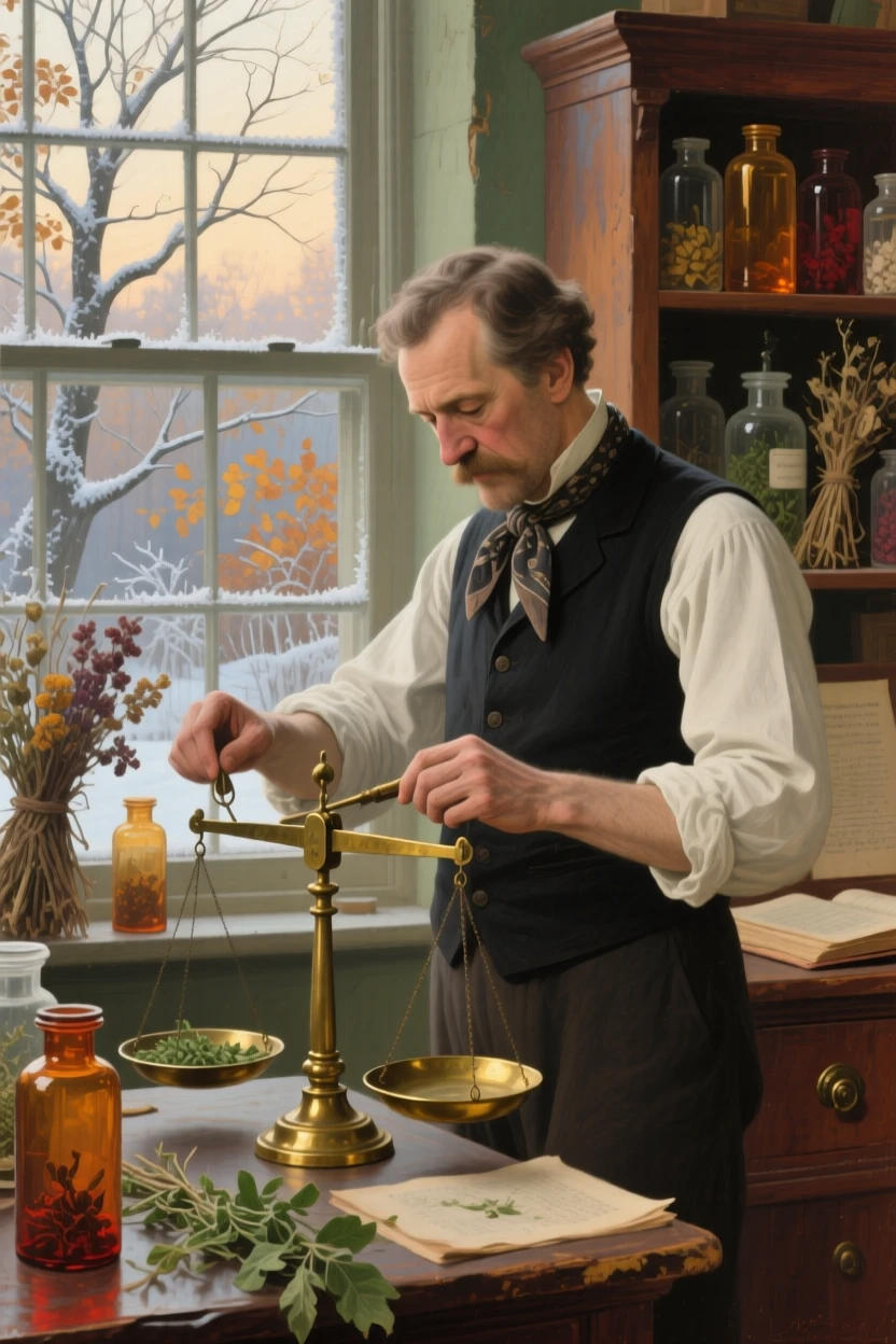 A balanced composition of an apothecary weighing herbs on a brass scale, in the interwar years, during the first frost of autumn.