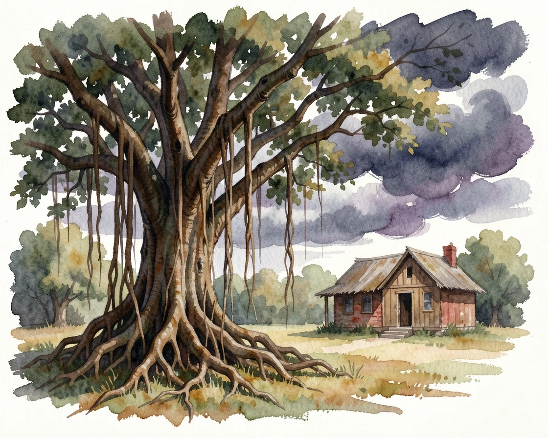 An ancient banyan tree as storm clouds gather with a small wooden cabin at the edge.