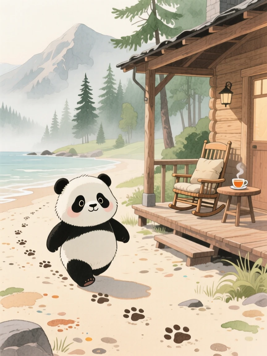 A chubby panda cub following a trail of paw prints across a beach, set in a mountain cabin porch overlooking misty pines, brimming with cozy comfort.