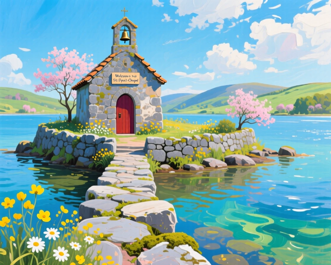 a small island chapel reached by a stone causeway, on a breezy spring afternoon, with a balanced, spacious view of the surroundings.