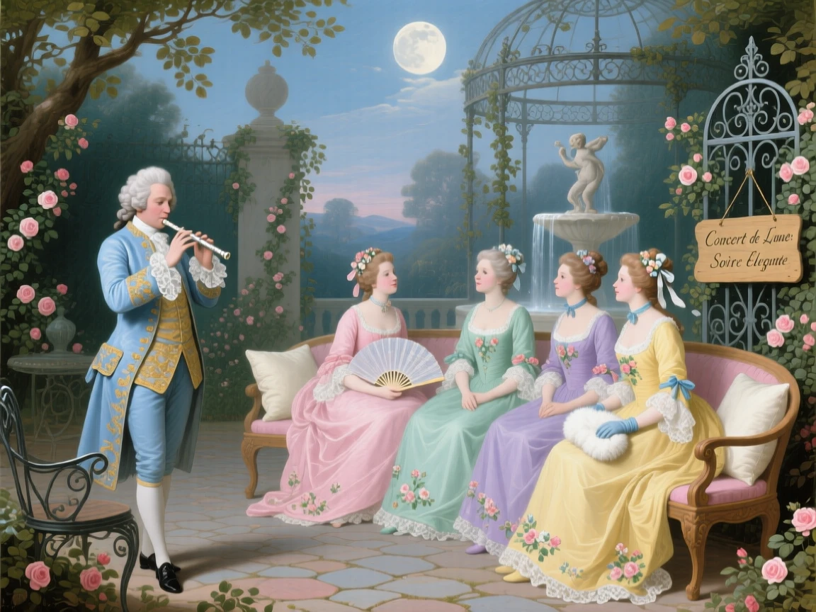 A gentleman playing a flute for a gathering of ladies in a moonlit courtyard  