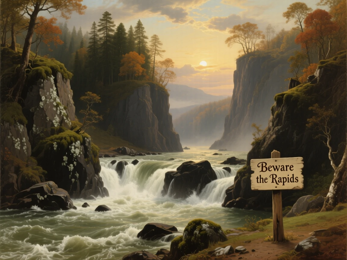 A river cuts through a gorge, its waters churning white over rocks.