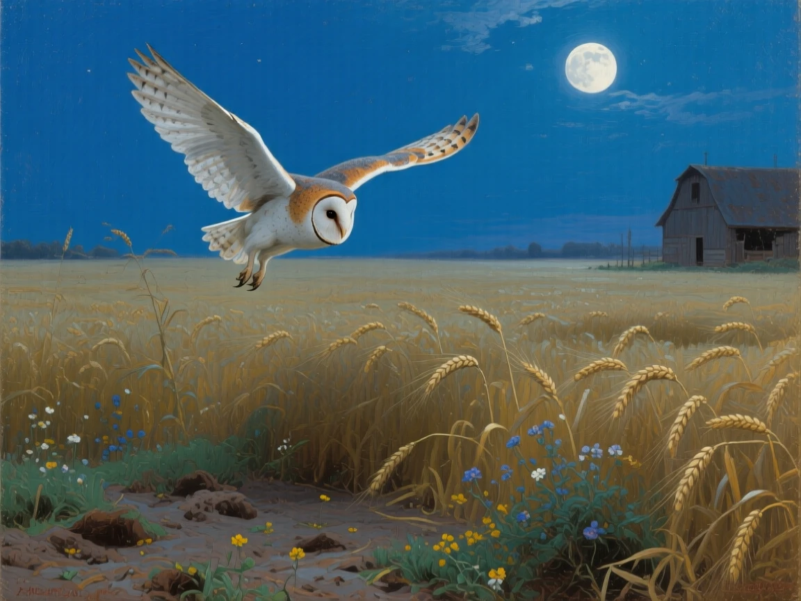 A barn owl swooping silently over a moonlit wheat field, its posture radiating quiet strength and dignity, evoking deep respect for the power and grace of nature