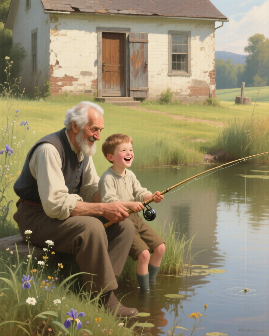 A grandfather teaching his grandson to fish at a quiet pond as laughter and love fill an otherwise ordinary afternoon, set within a sunlit meadow just beyond a quiet farmhouse, with worn, familiar surroundings that speak of years shared together; gentle framing by a doorway or window softens the intimate scene, radiating warmth, comfort, and belonging.