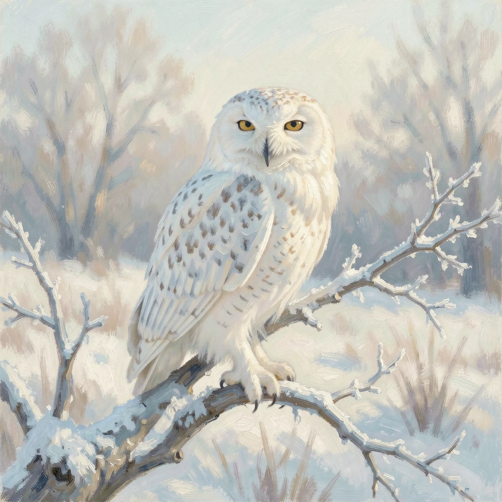 A snowy owl perched on a frost-covered branch, feathers ruffled by a gentle winter wind.