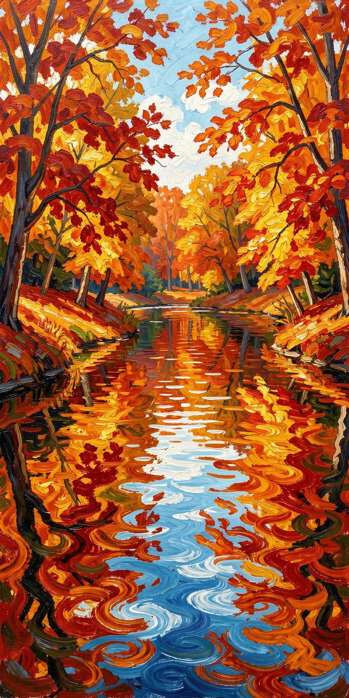 A tranquil pond reflecting the fiery colors of autumn trees at midday.