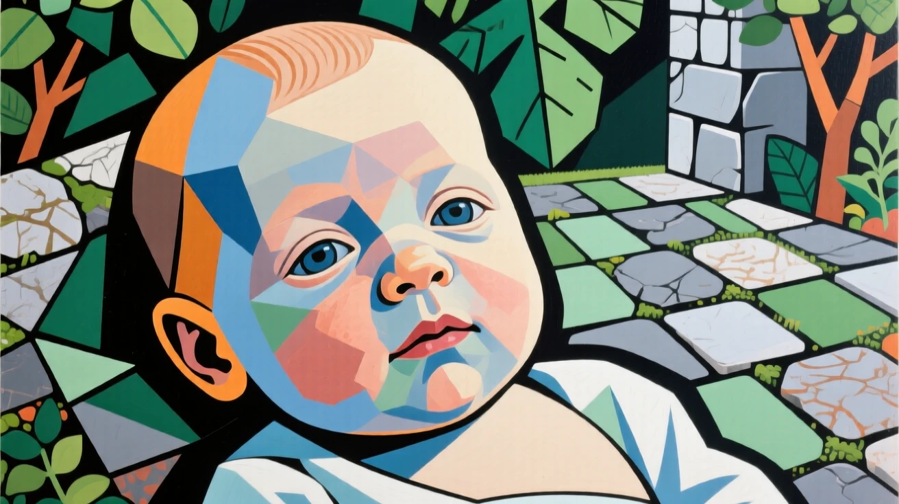 A close-up portrait of a newborn baby of Scandinavian heritage, radiating calm confidence, in a quiet garden courtyard.