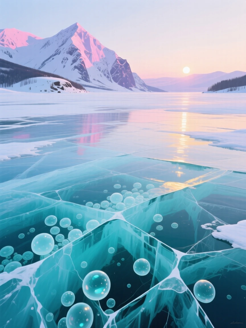 A vast frozen lake in Siberia reveals cracked turquoise ice formations trapped in methane bubbles, distant snow-covered mountains rising under a pale winter sun, the changing light gradually shifting the mood of the landscape from moment to moment.