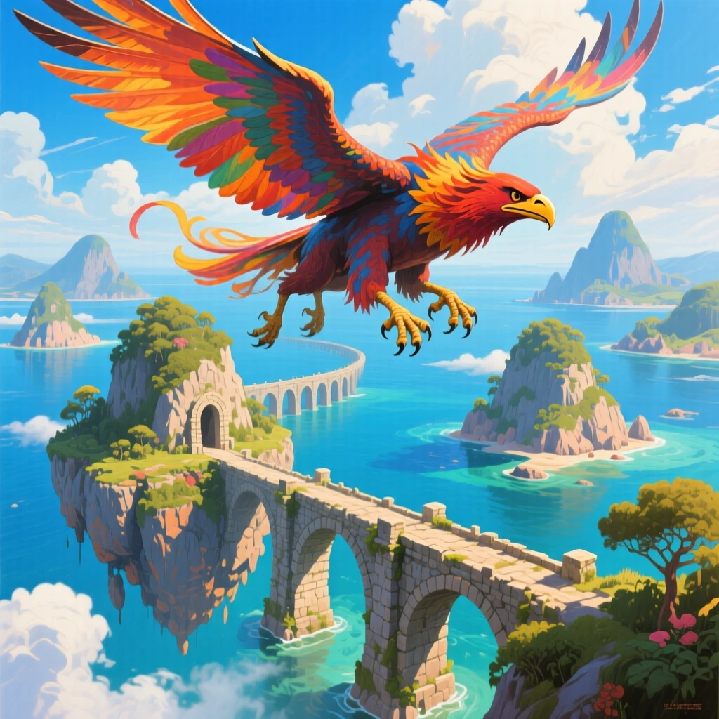 A griffin soaring above a floating archipelago of islands connected by ancient stone bridges