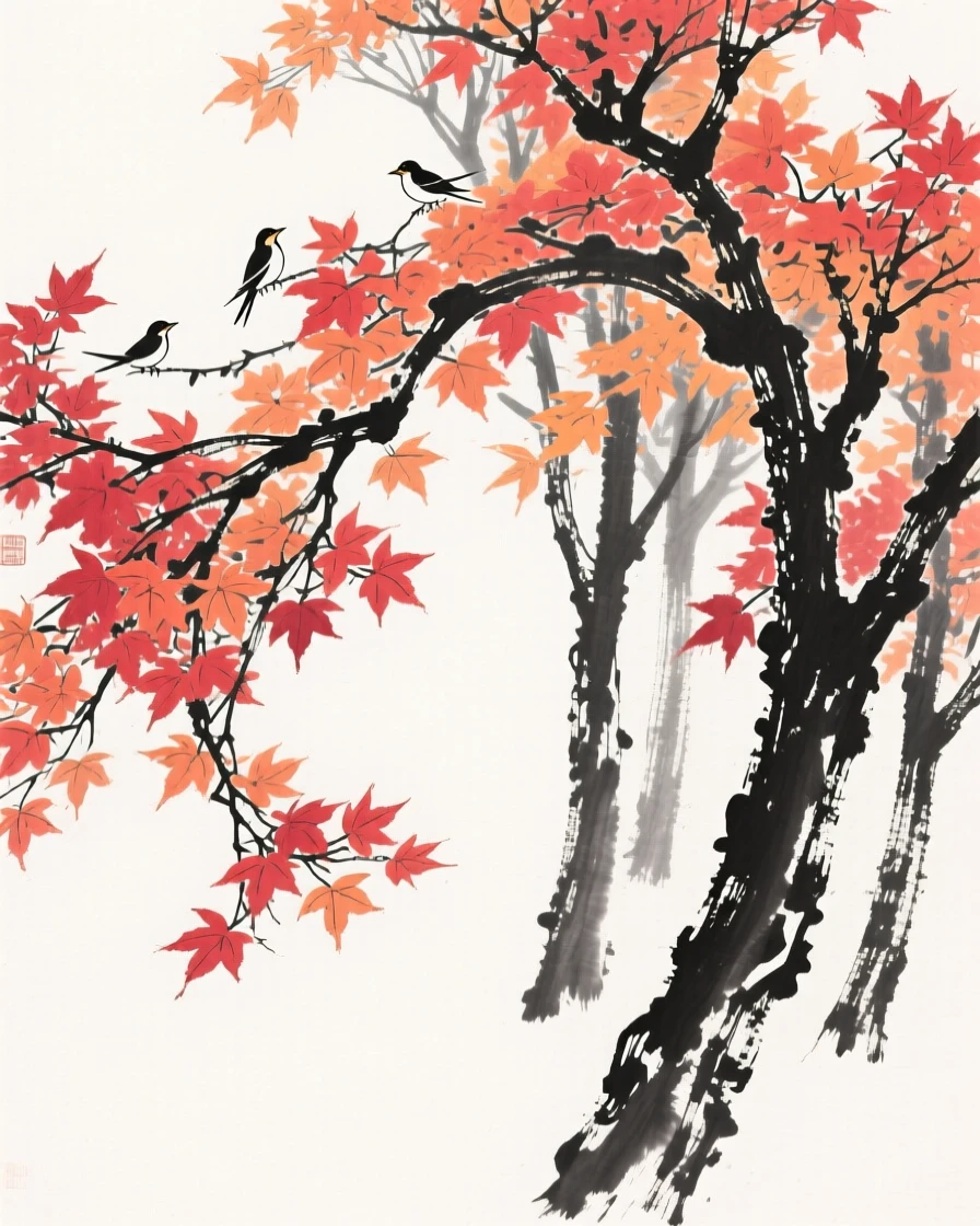 a thicket of maple trees at the height of autumn color, with birds perched on the swaying branches.