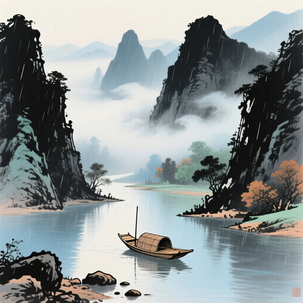 A misty valley where clouds pool between the peaks, where a small wooden boat drifts silently on the water, in a gentle drizzle, at midday, suffused with quiet joy.