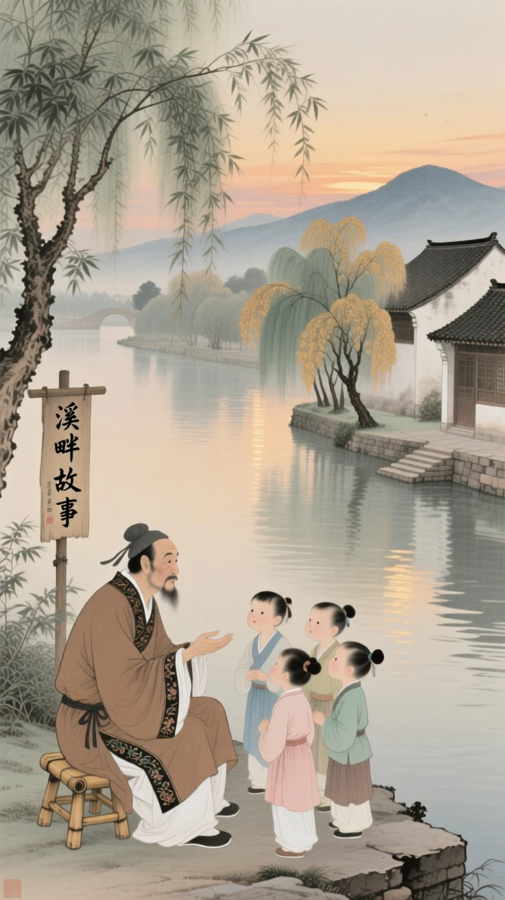 A traveling merchant sharing a story with curious children beside a slow-moving canal at dusk