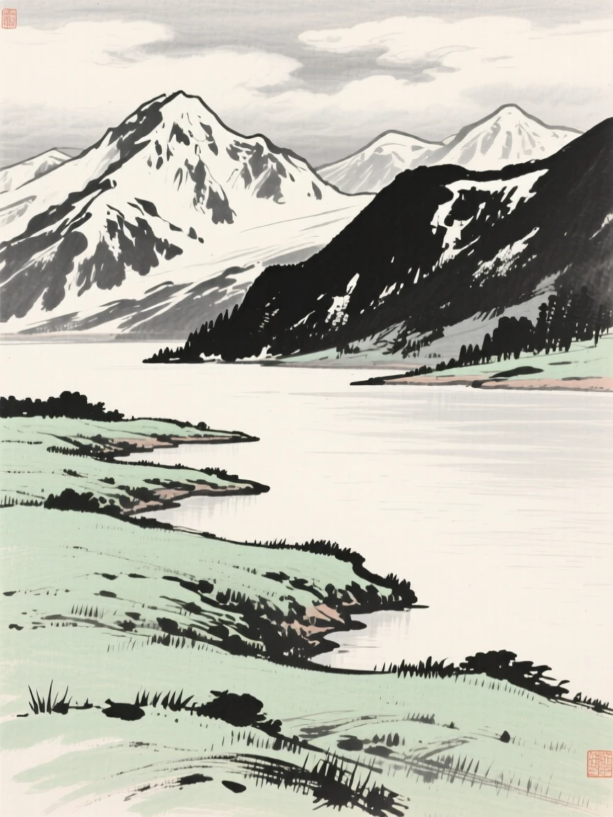 A high alpine meadow bordered by snow-capped ridges beneath a canopy of drifting cloud banks, seen from across the water, the far shore reduced to soft silhouette, evoking a deep sense of solitude and quiet grandeur.