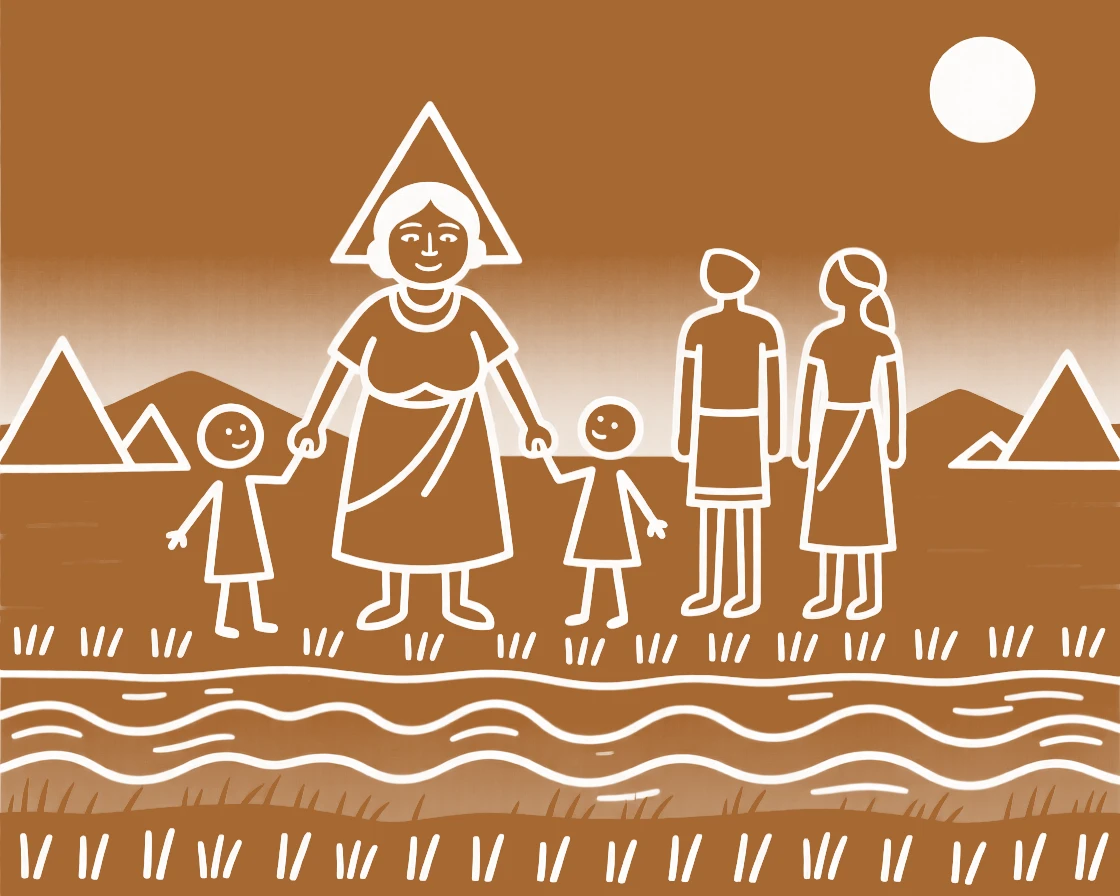 A grandmother posing together for a family portrait beside a river at dusk.