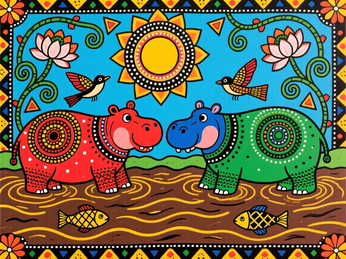 Hippos wallowing together in a muddy river under midday sun.