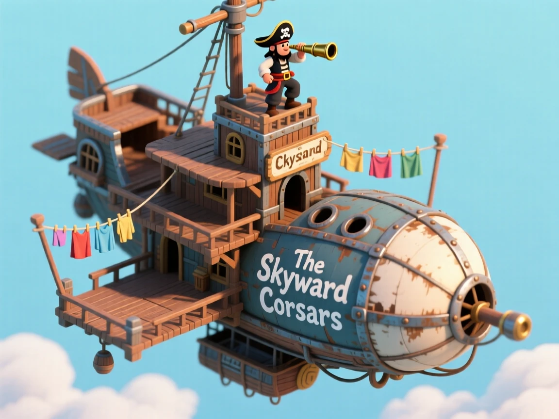 A floating sky pirate city built from repurposed airship hulls, with laundry lines strung between decks and a lookout perched atop a crow's nest scanning the clouds.