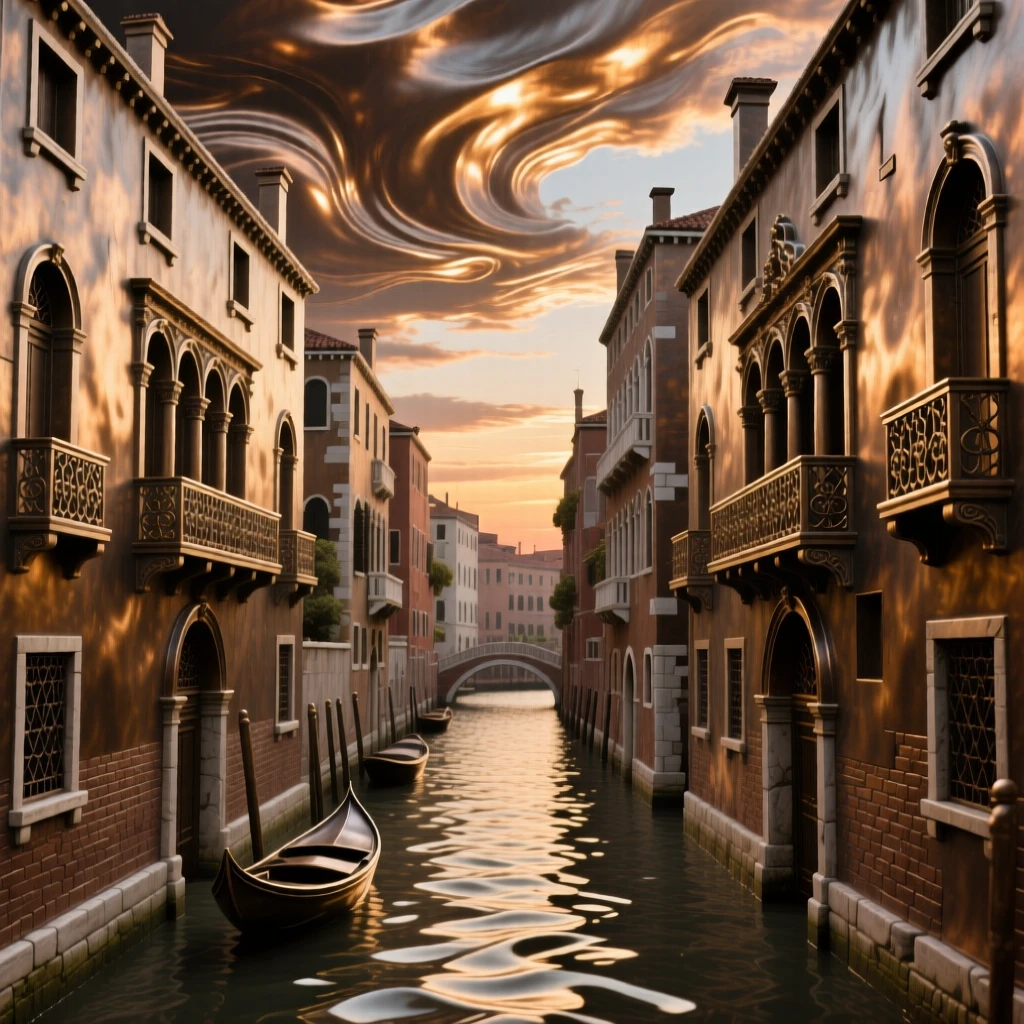 An elegant venetian canal lined with historic palazzos, framed by a dramatic sky, exuding timeless grandeur