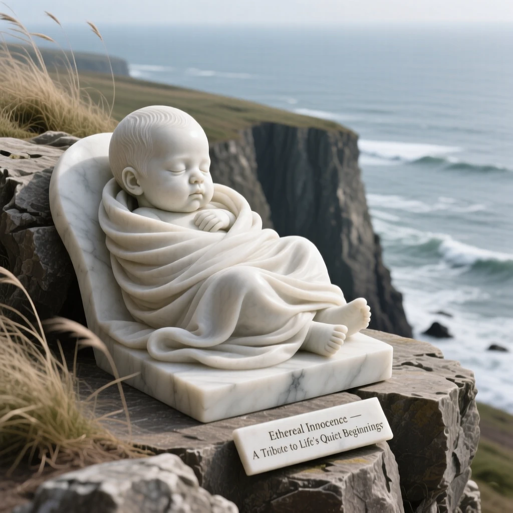 A tender portrait of a newborn baby cradled in blankets, lost in quiet contemplation, on a windswept cliff overlooking the sea, evoking warmth and humanity