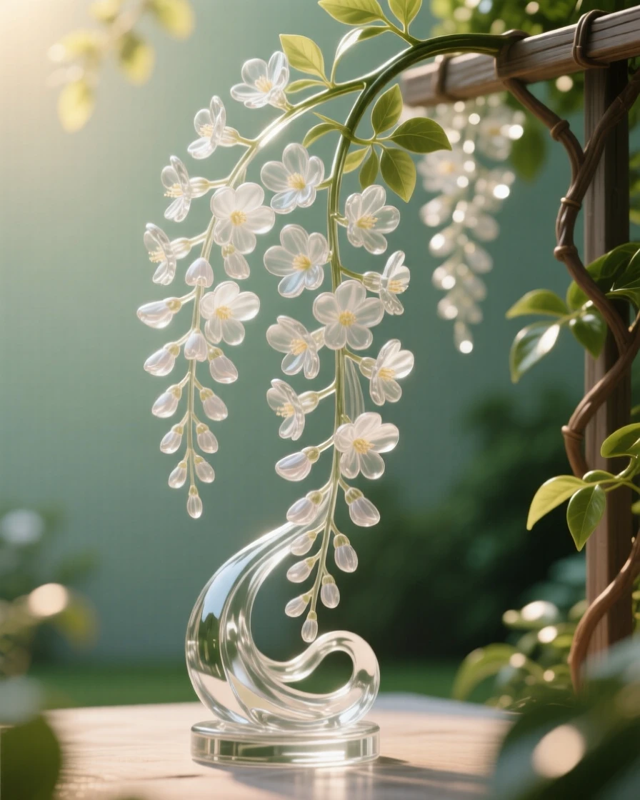 Wisteria cascading from a trellis in a lush garden setting with soft green foliage behind, gentle afternoon light, feeling romantic and inviting.