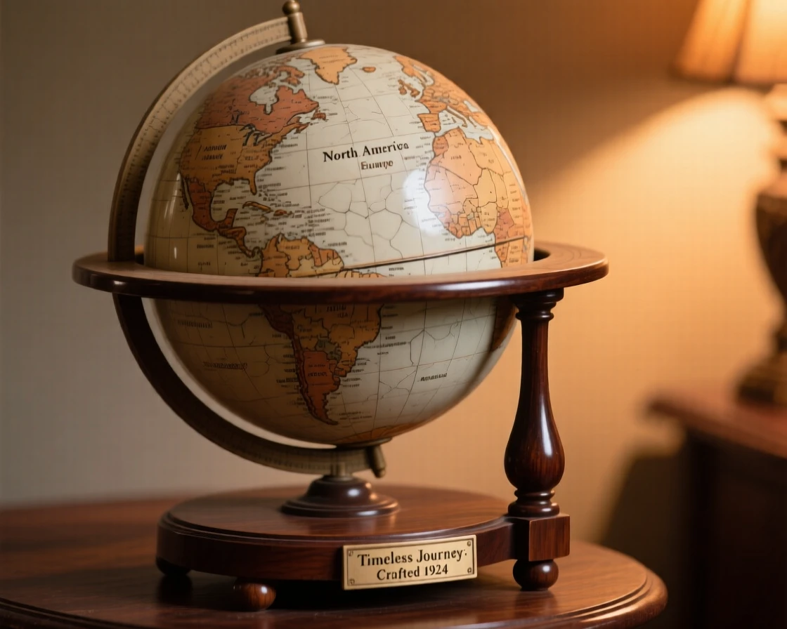 An antique globe spinning slowly on its stand illuminated by a single warm light source, surrounded by soft shadows and warm tones, stirring fond memories of simpler times.