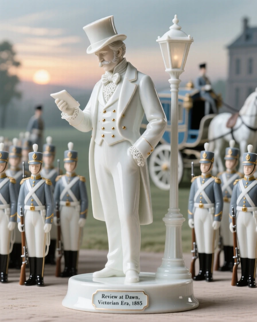 A regal Victorian gentleman reviewing troops at dawn, surrounded by the trappings of a bygone era.