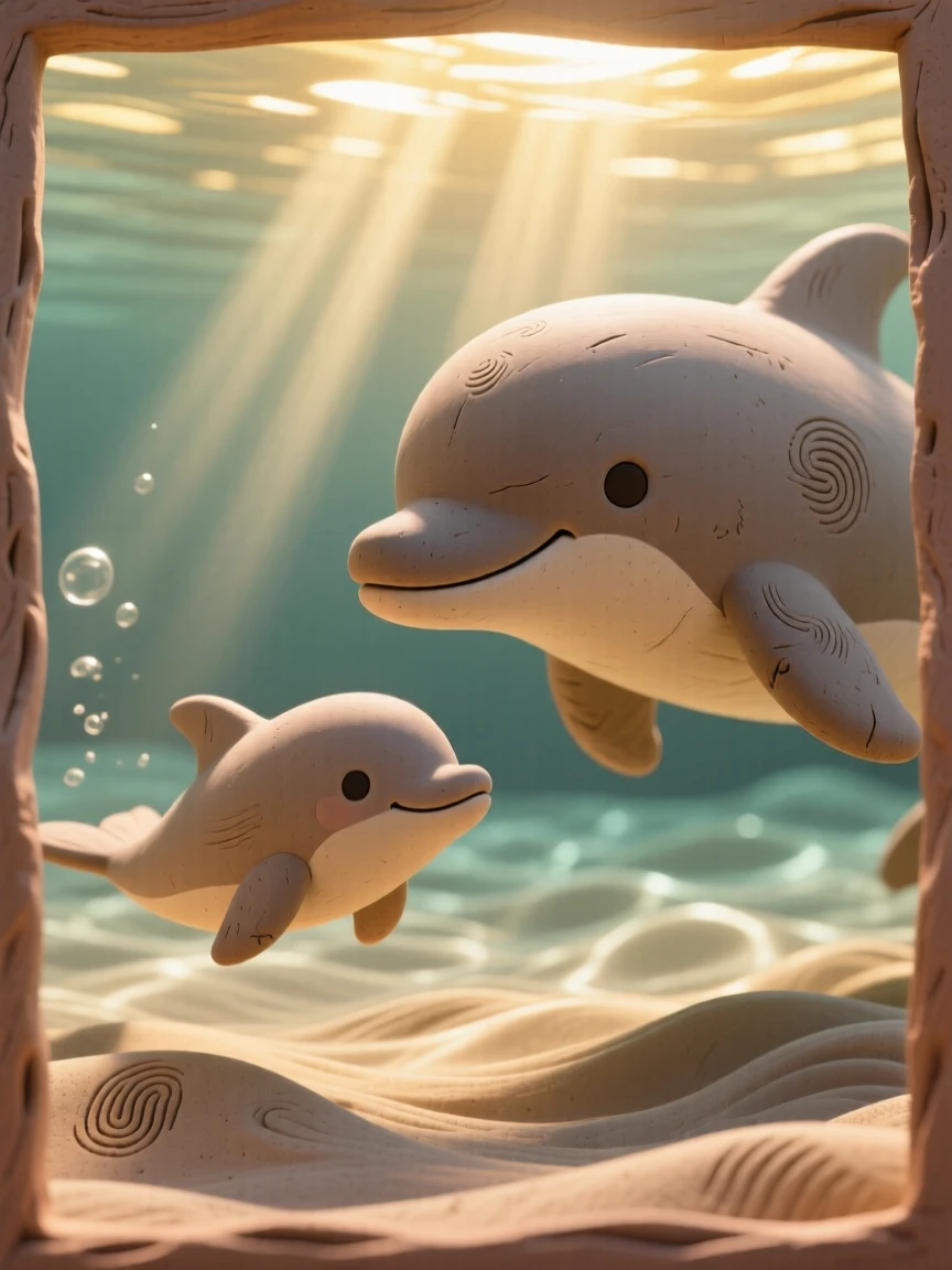 A dolphin calf swimming alongside its mother through sunbeams