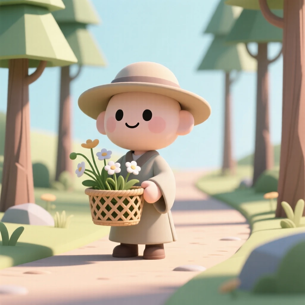 A wise herbalist gathers wildflowers into a woven basket along a sunlit forest trail lined with tall pines.
