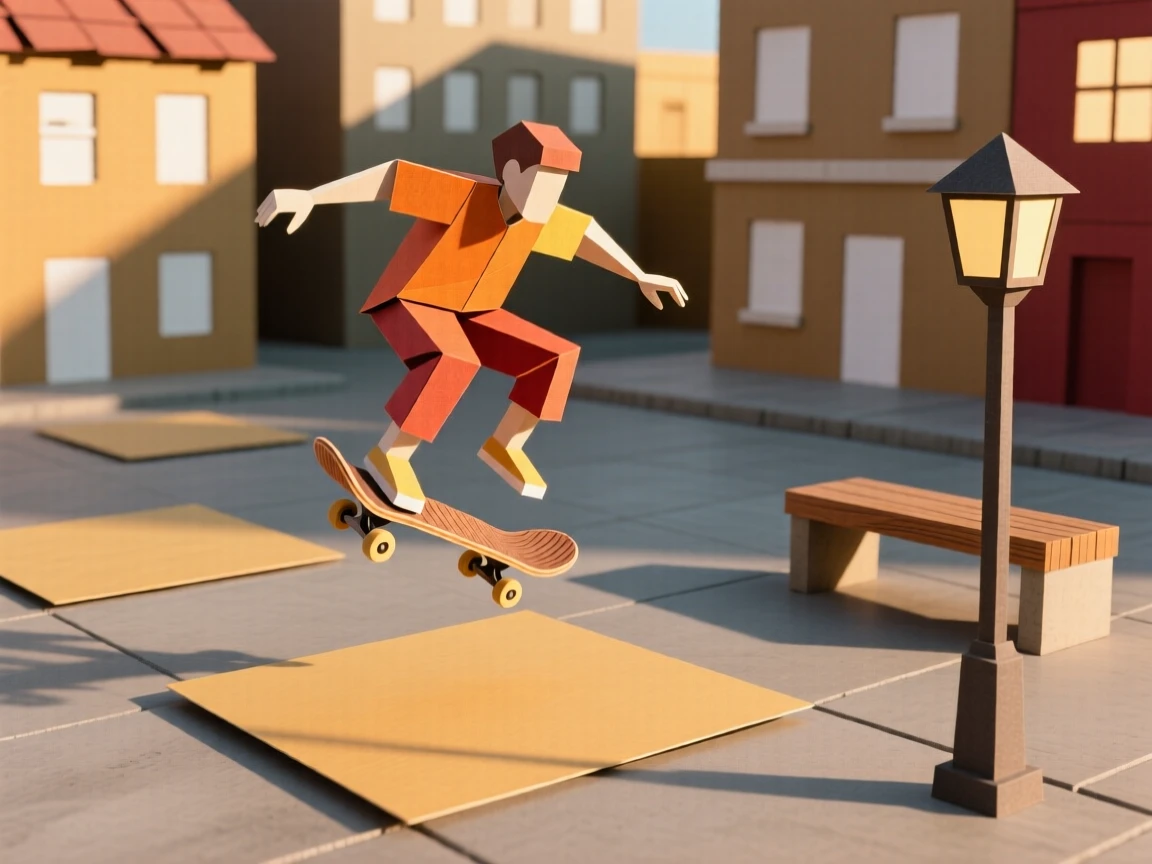 A skateboarder performing a jump at golden hour in an empty urban plaza, long shadows stretching across the pavement, capturing youthful energy.