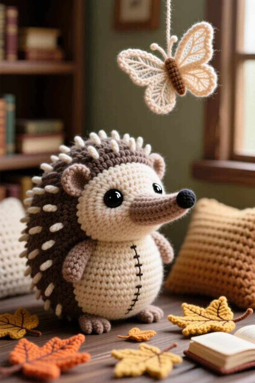 a round baby echidna, with soft spines and a long snout, shuffling slowly through fallen leaves, set in a quiet library reading corner with soft cushions, with a single fluttering butterfly overhead, evoking a serene, storybook stillness.