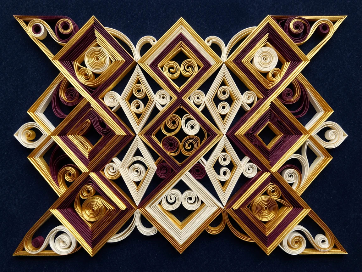 a lattice of interlocking geometric diamonds, displayed against a deep navy backdrop, structured with clean geometric precision, in shades of gold, ivory, and deep burgundy.