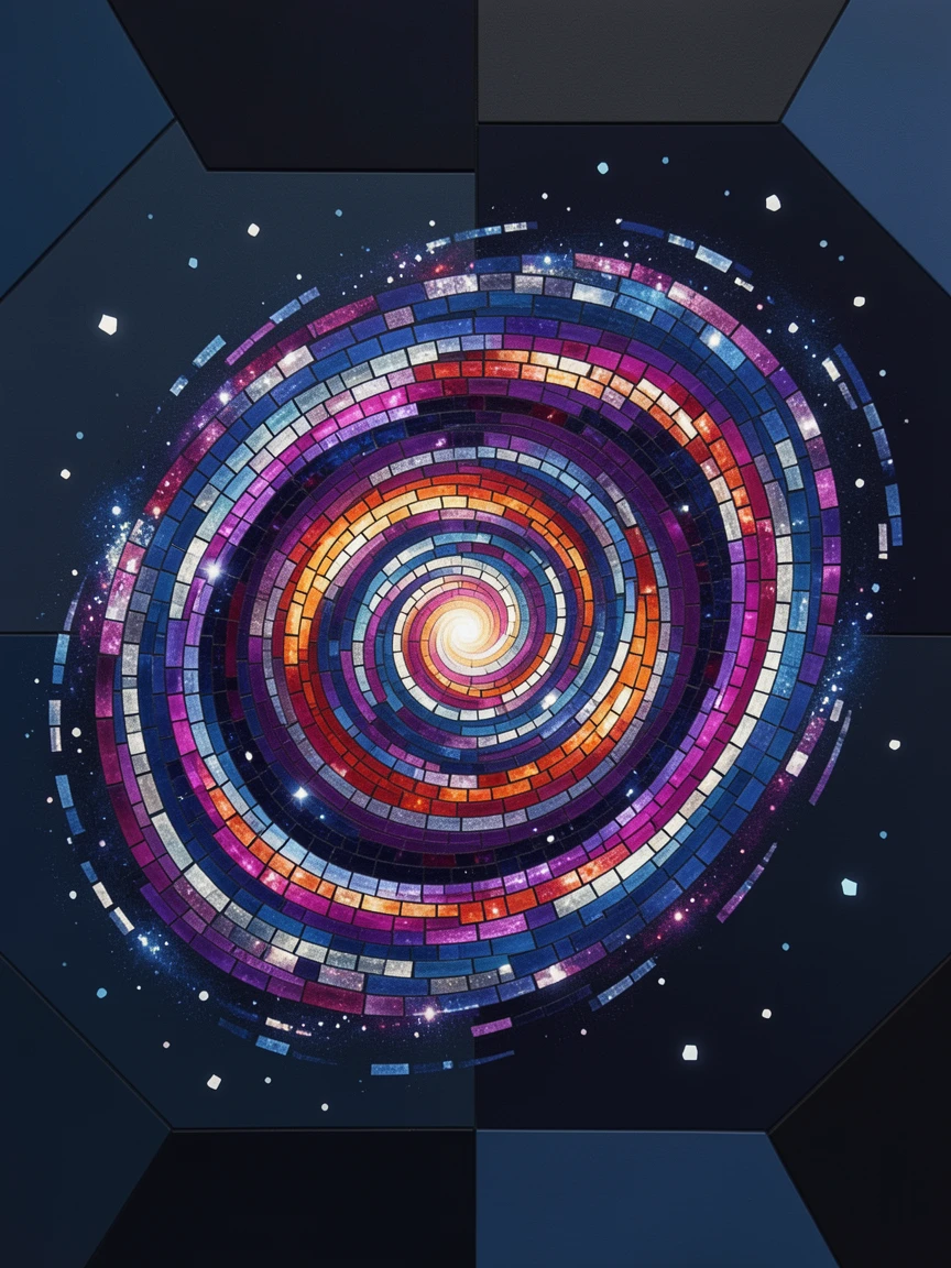 A dramatic close view of a distant galaxy spiraling in brilliant color against deep space, glowing with rich cosmic color.
