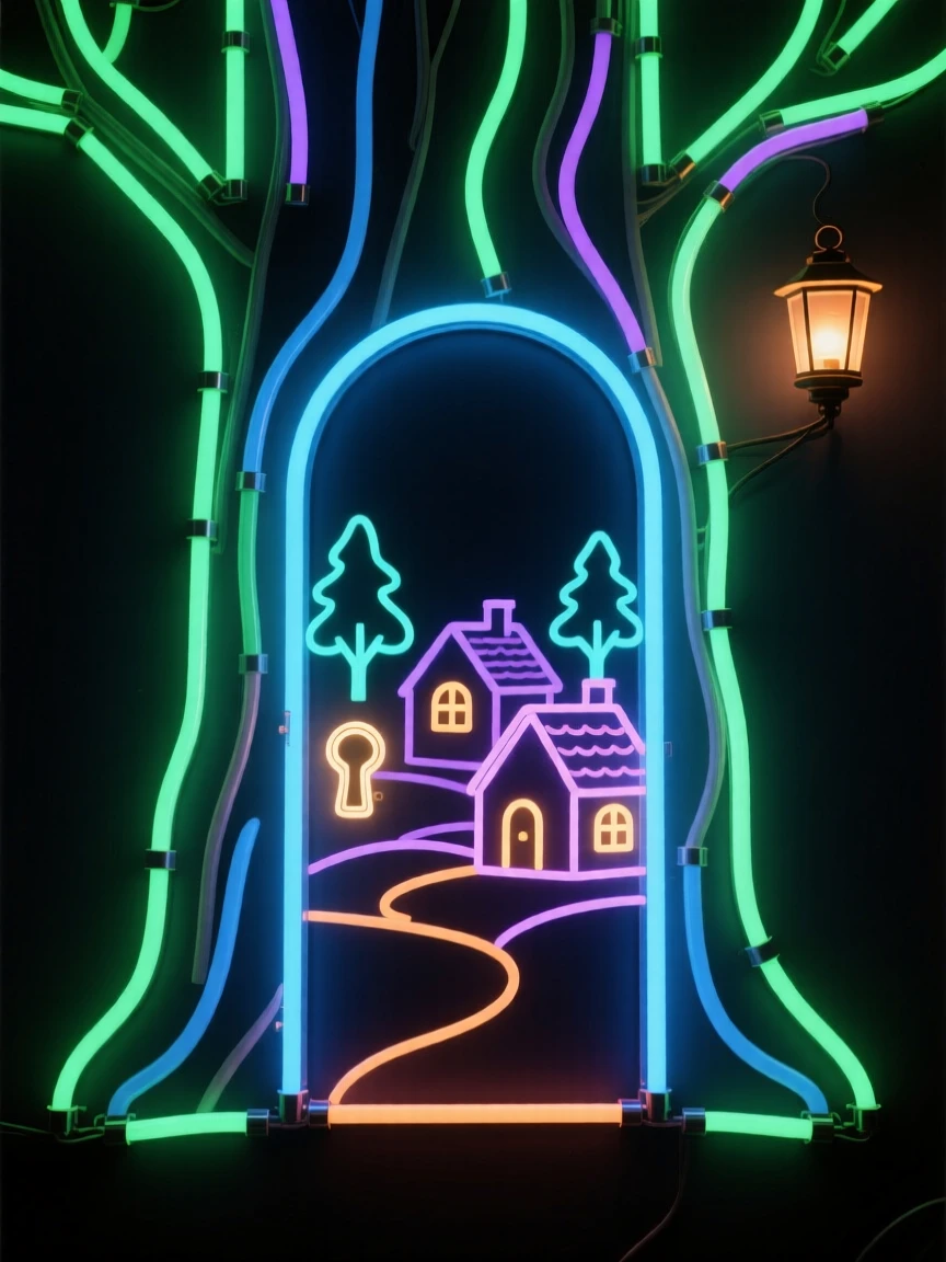 A hidden door in a tree trunk leading to a tiny magical village.