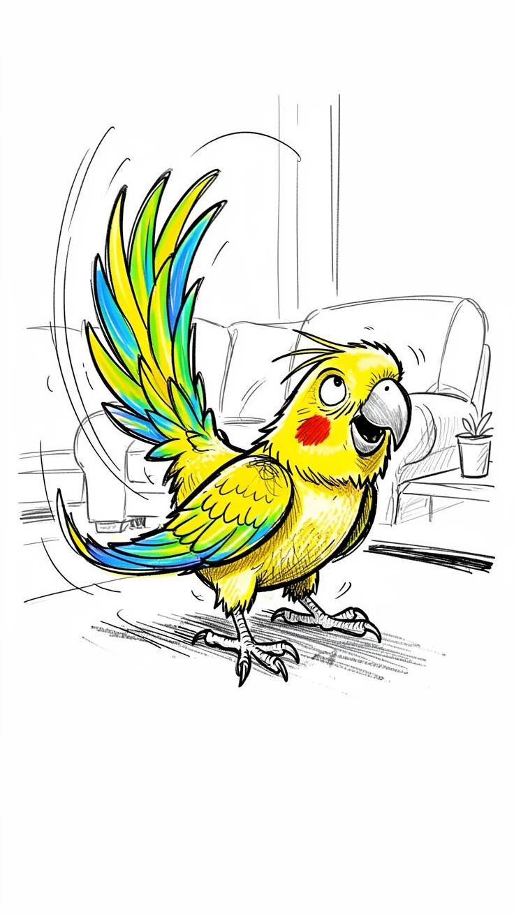 A parakeet with bright feathers chasing its own tail in the living room.